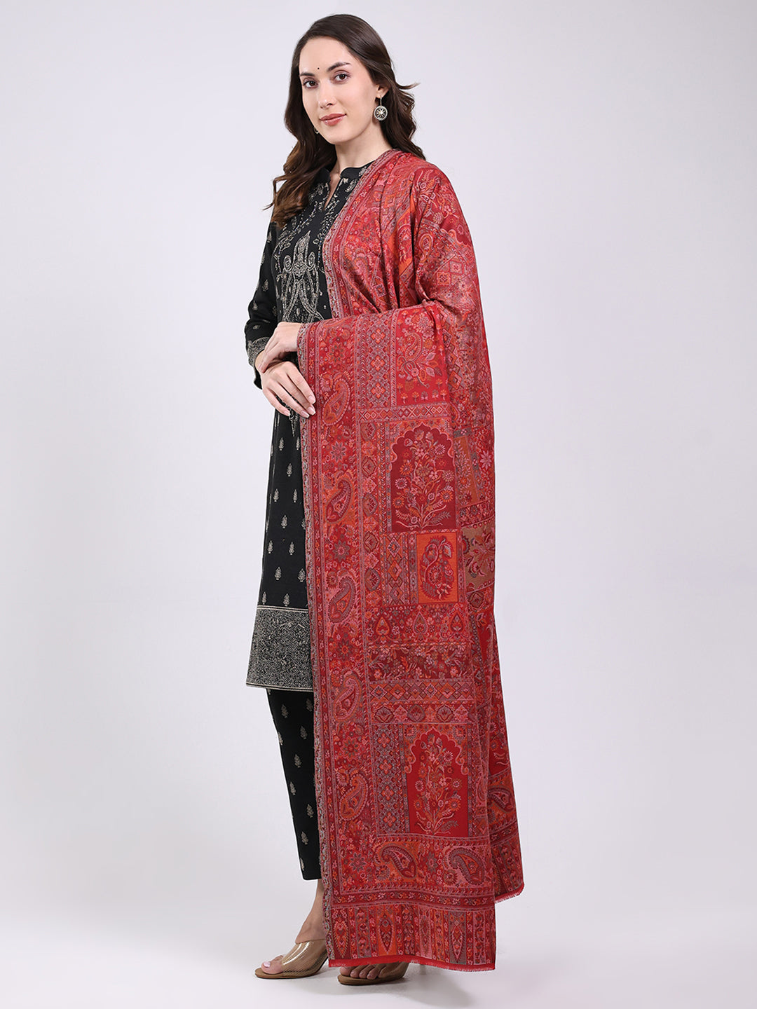Women Maroon Printed Wool Blend Shawl