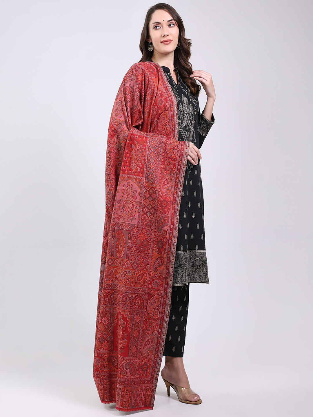 Women Maroon Printed Wool Blend Shawl