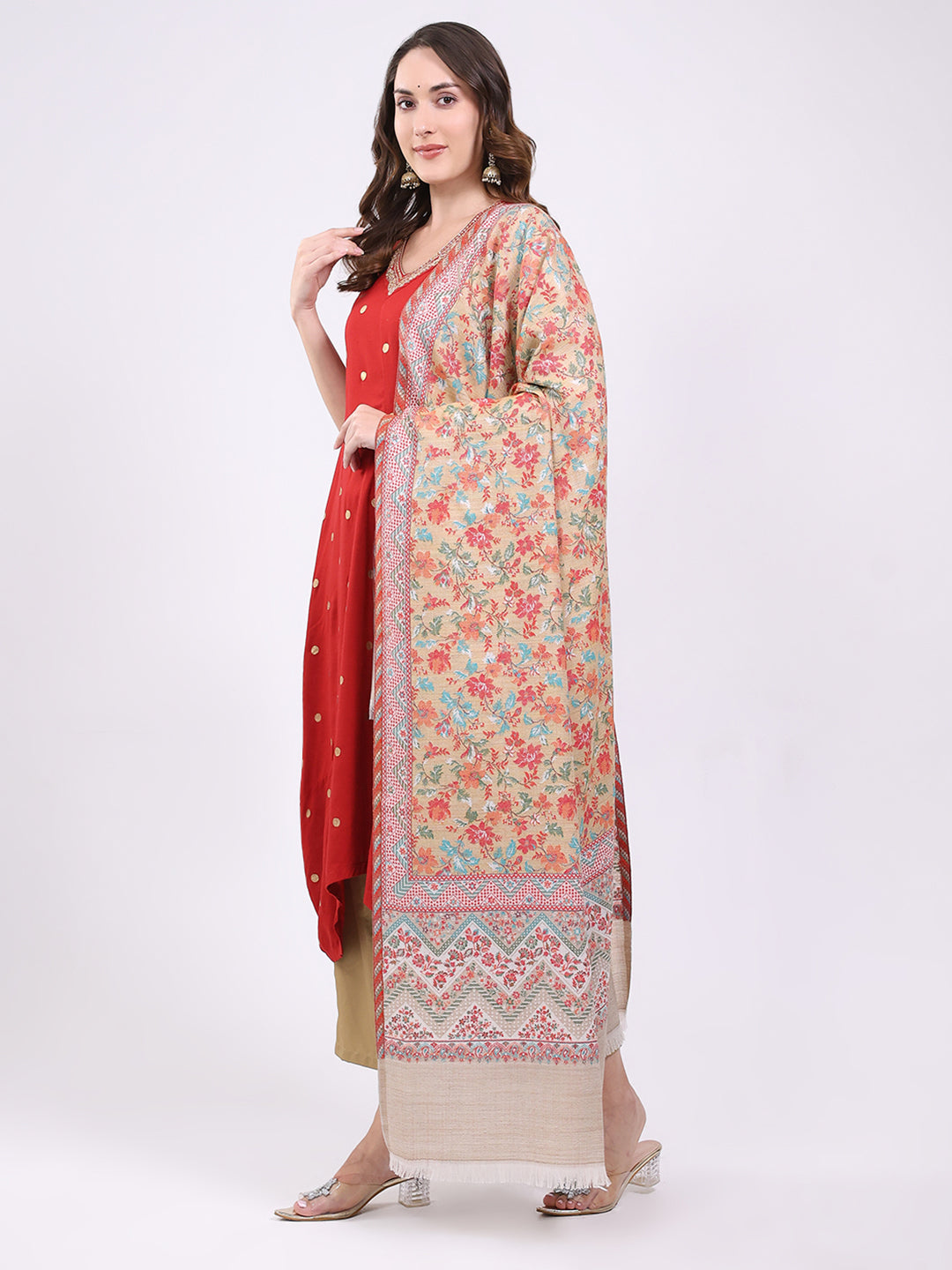 Women Beige Printed Wool Blend Shawl