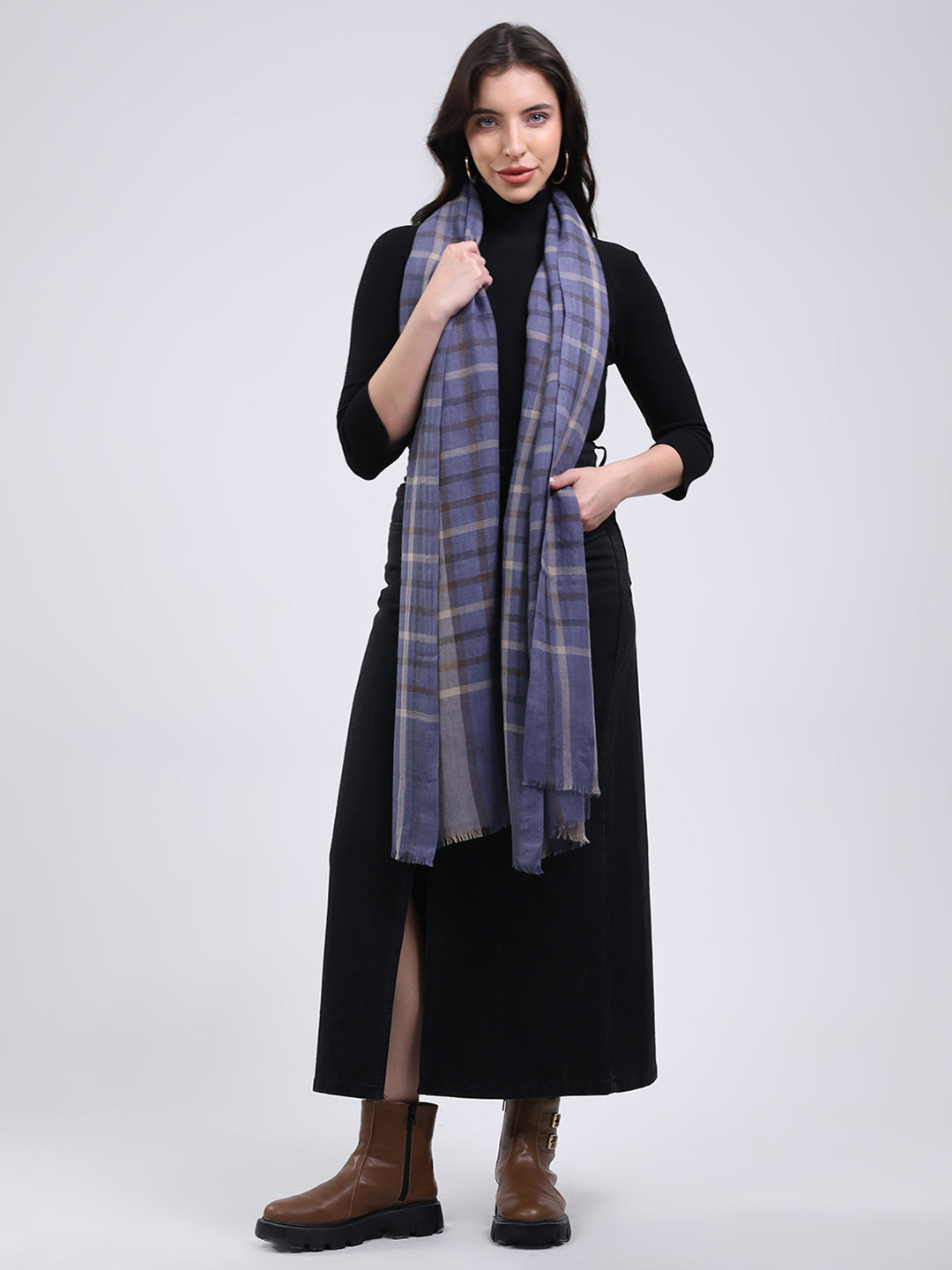 Women Blue Solid Wool Blend Stole