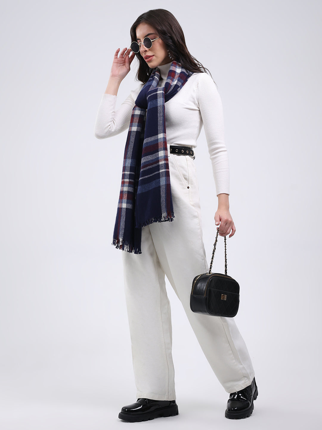 Women Navy Blue Solid Wool Blend Stole