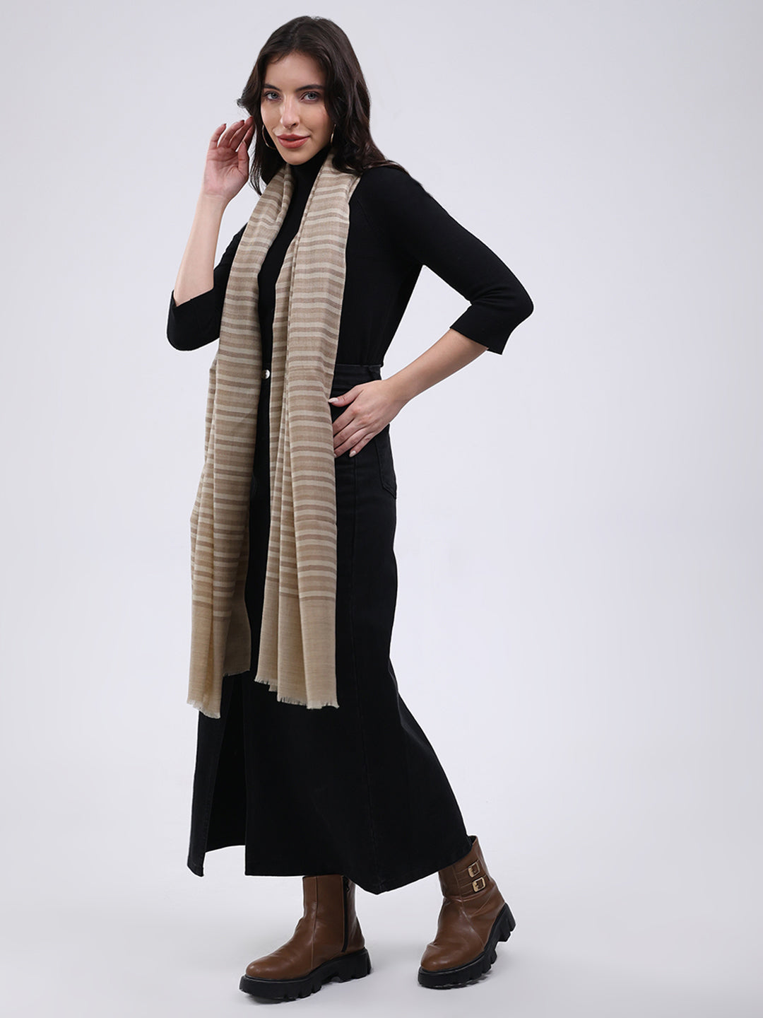 Women Beige Solid Wool Blend Stole