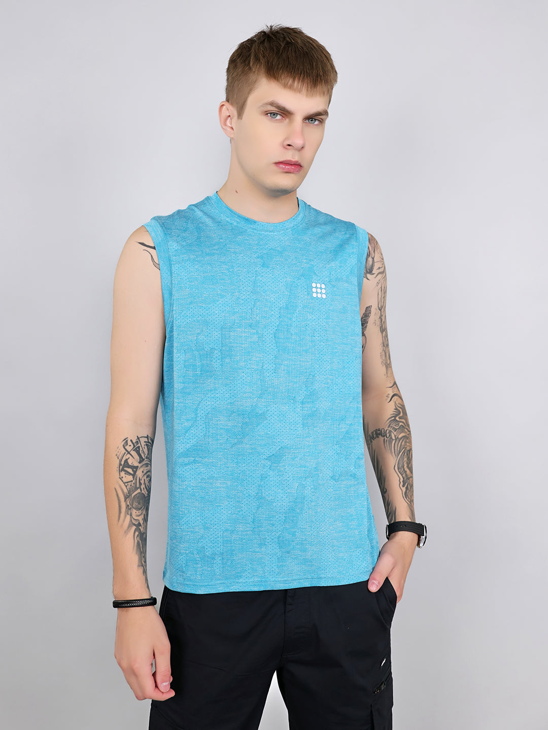 Rock.it Men Blue Jacquard Round Neck Sleeveless T-Shirt