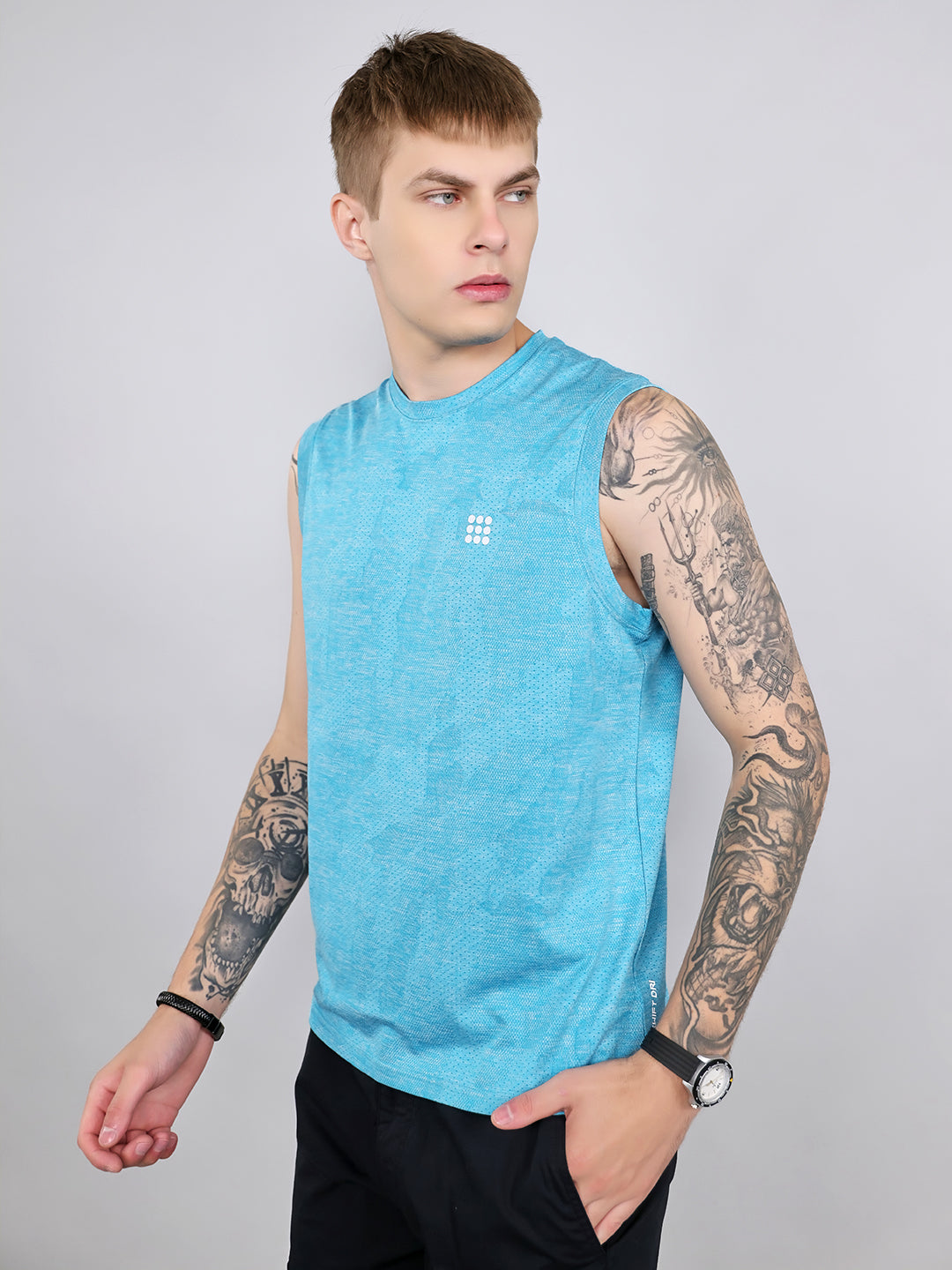 Rock.it Men Blue Jacquard Round Neck Sleeveless T-Shirt