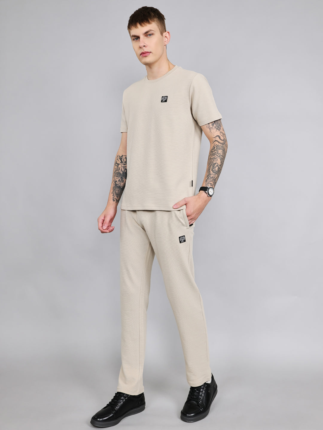 Rock.it Men Cream Solid Round Neck Half Sleeve Cords Set