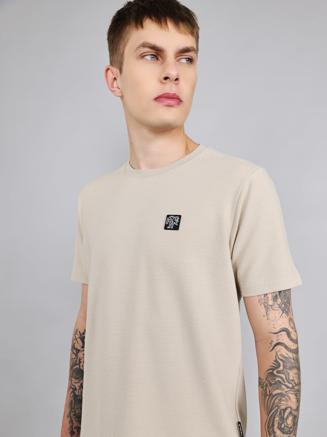 Rock.it Men Cream Solid Round Neck Half Sleeve Cords Set