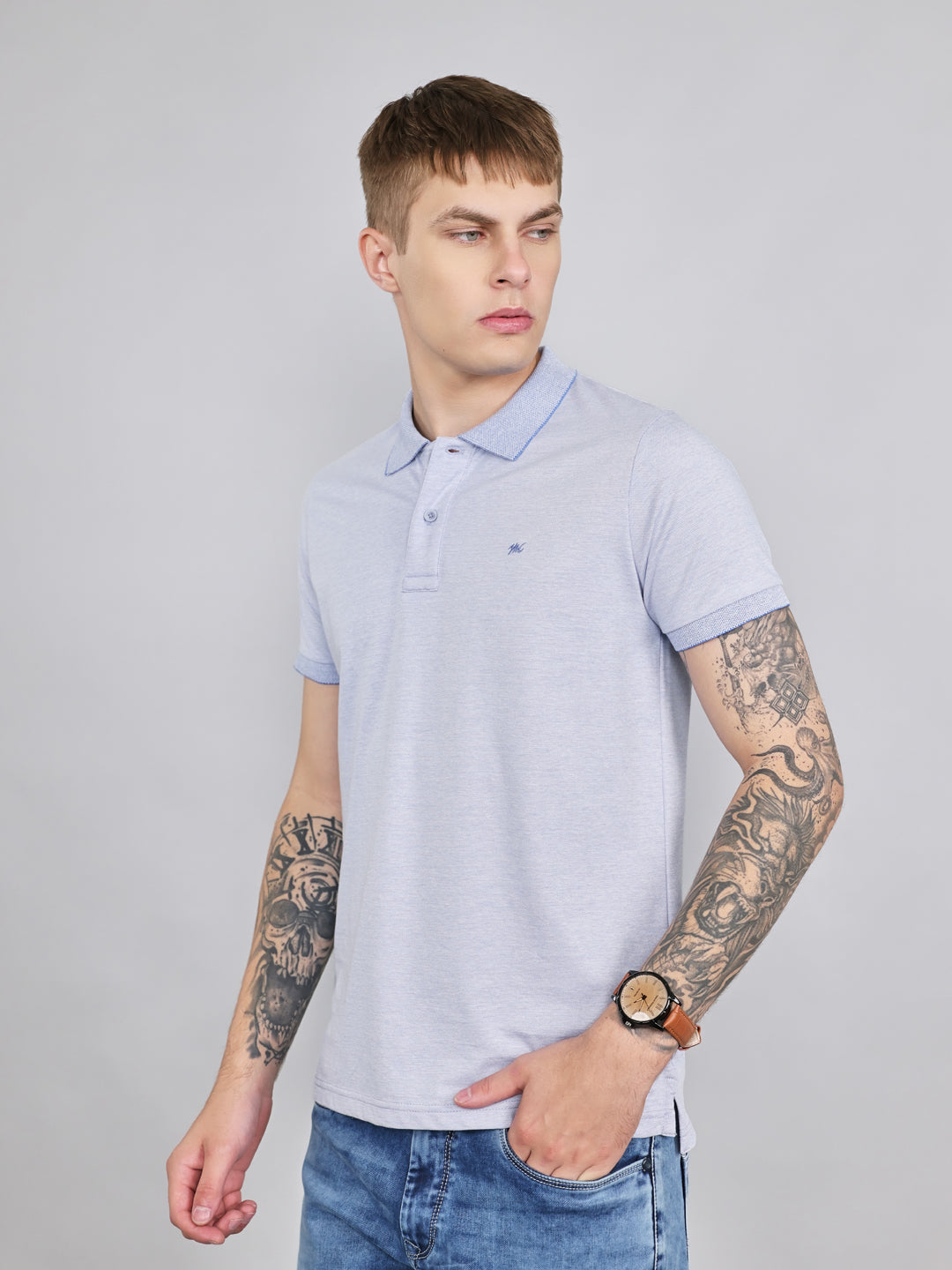 Men Sky Blue Plain Collar Half Sleeve T-Shirt