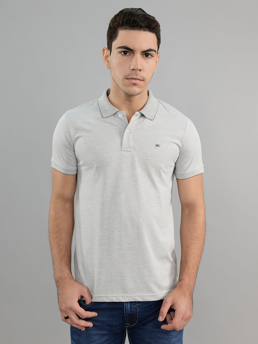Men Grey Solid Collar Half Sleeve T-Shirt