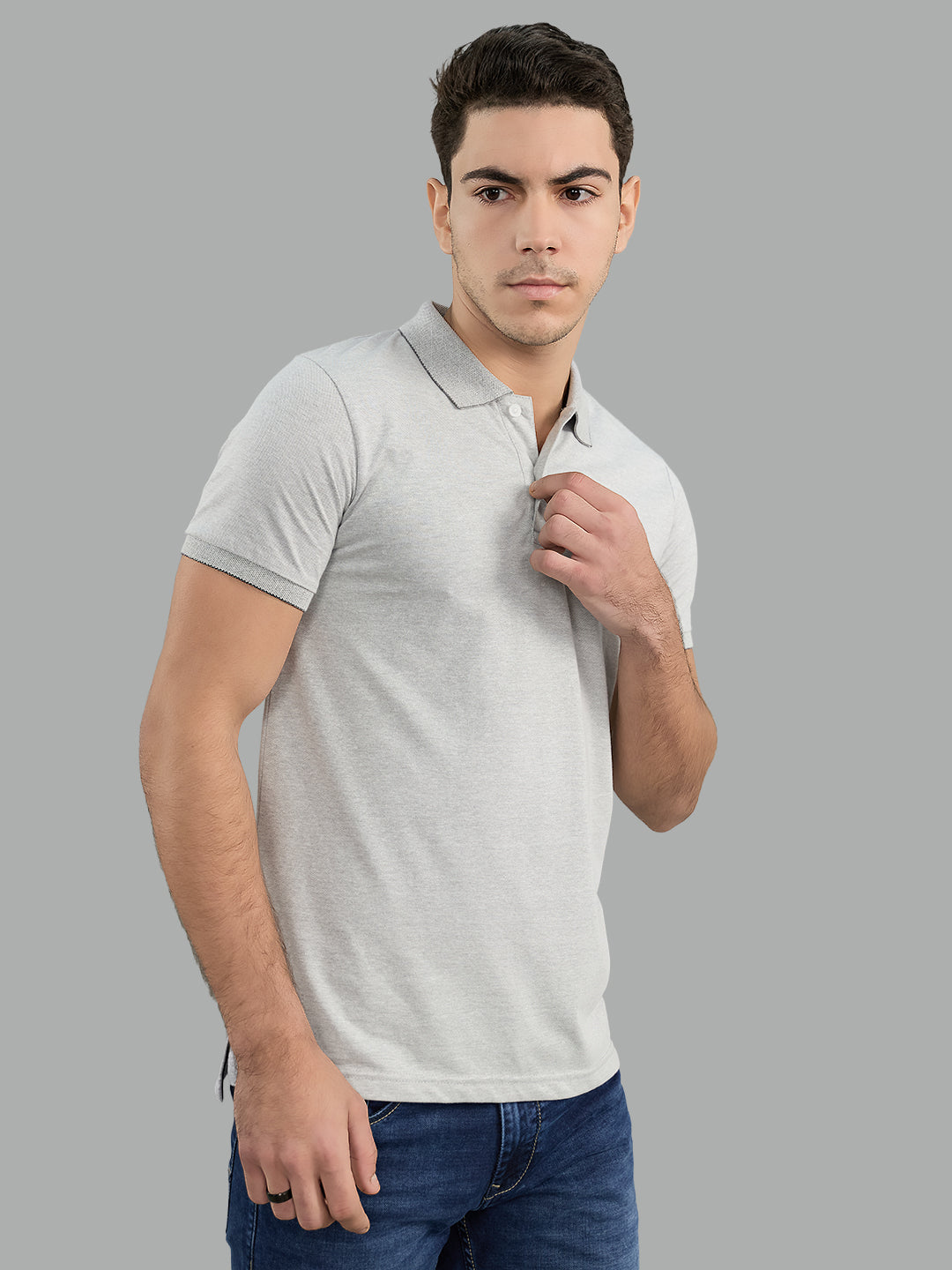 Men Grey Solid Collar Half Sleeve T-Shirt