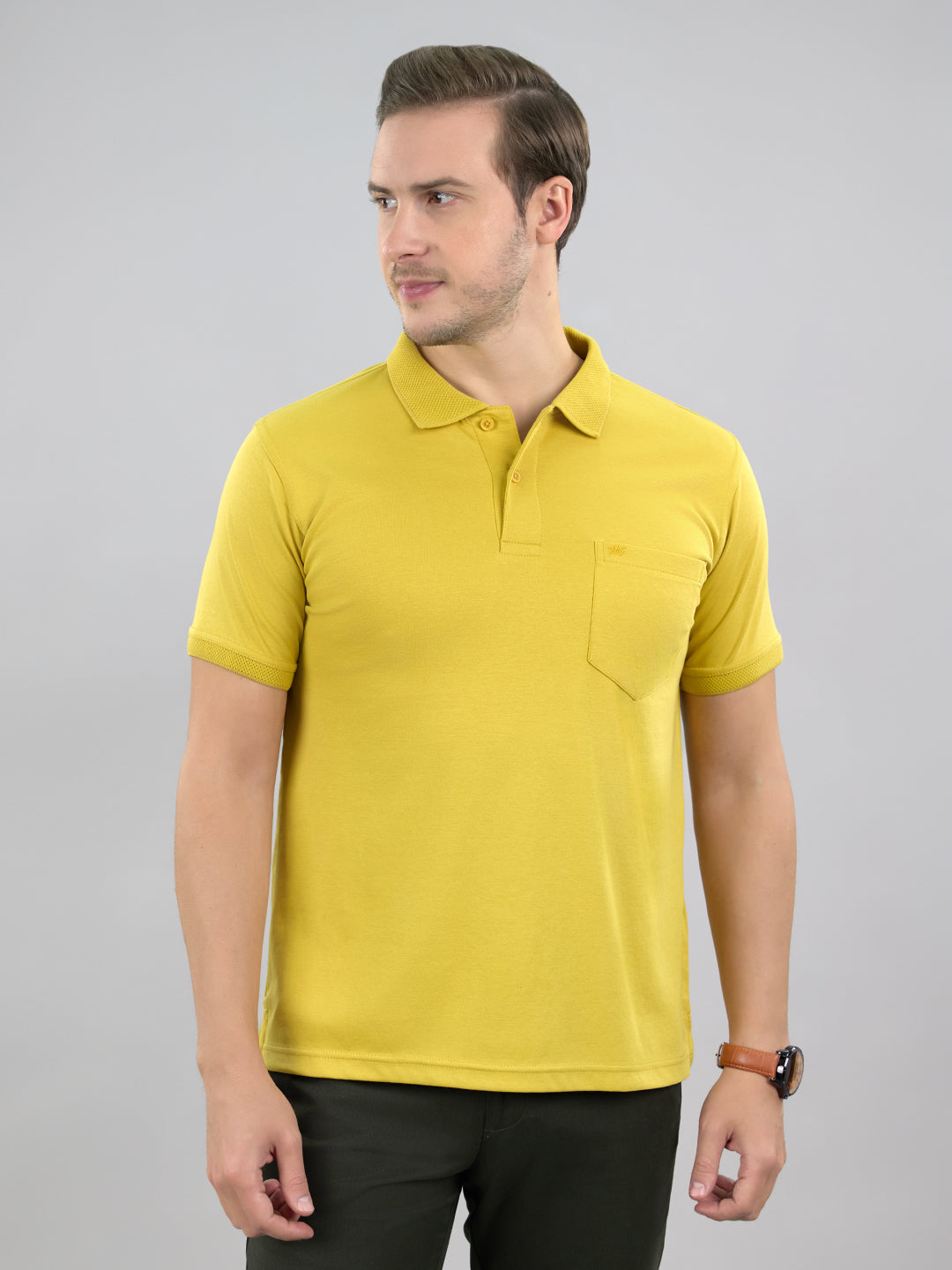 Men Mustard Solid Polo Collar Half Sleeve T-Shirt