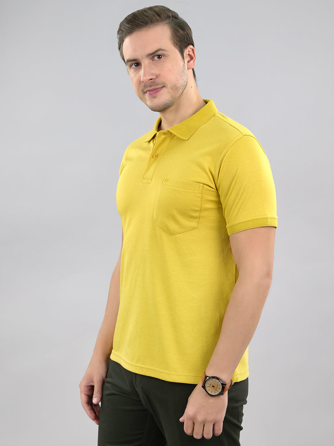 Men Mustard Solid Polo Collar Half Sleeve T-Shirt