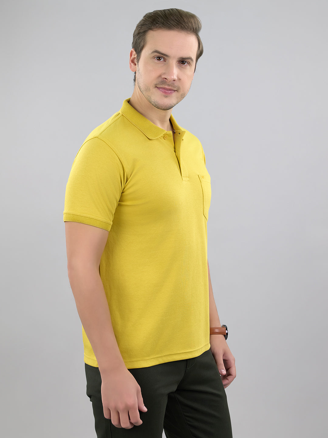 Men Mustard Solid Polo Collar Half Sleeve T-Shirt
