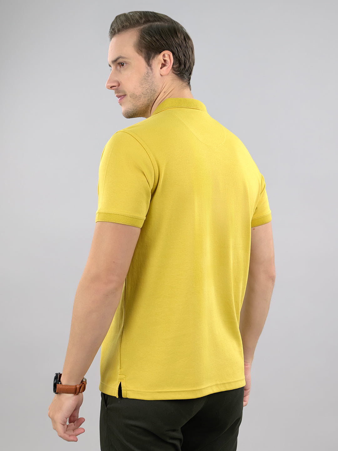 Men Mustard Solid Polo Collar Half Sleeve T-Shirt