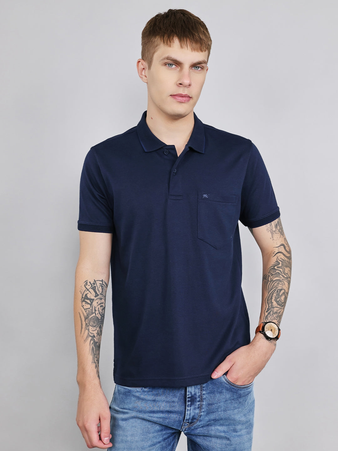 Men Navy Blue Plain Collar Half Sleeve T-Shirt