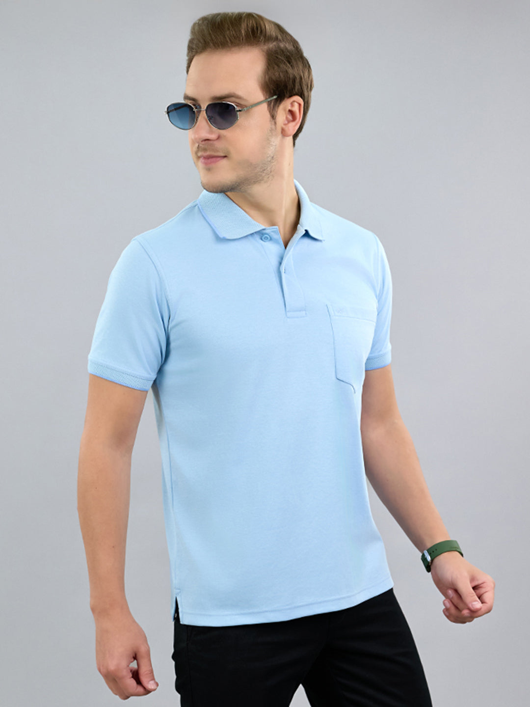 Men Sky Blue Solid Polo Collar Half Sleeve T-Shirt