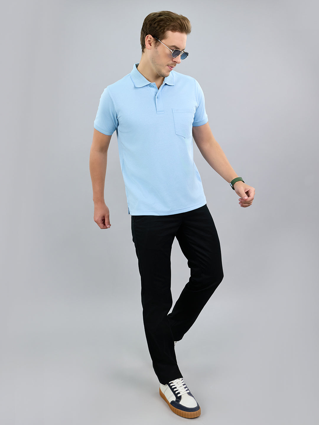 Men Sky Blue Solid Polo Collar Half Sleeve T-Shirt
