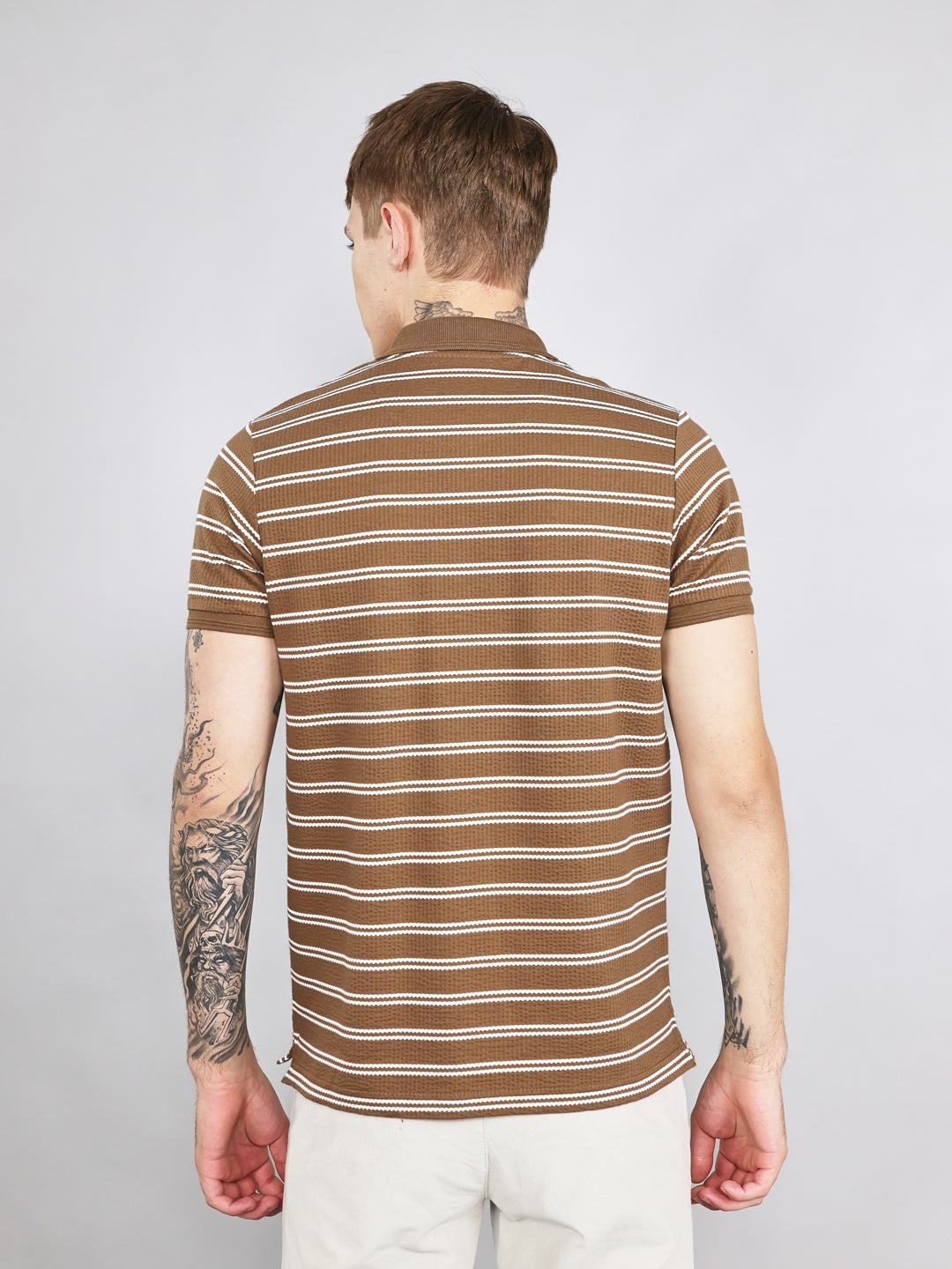 Men Brown Stripe Collar Half Sleeve T-Shirt