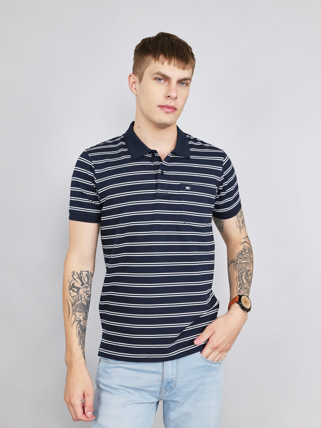 Men Navy Blue Stripe Collar Half Sleeve T-Shirt