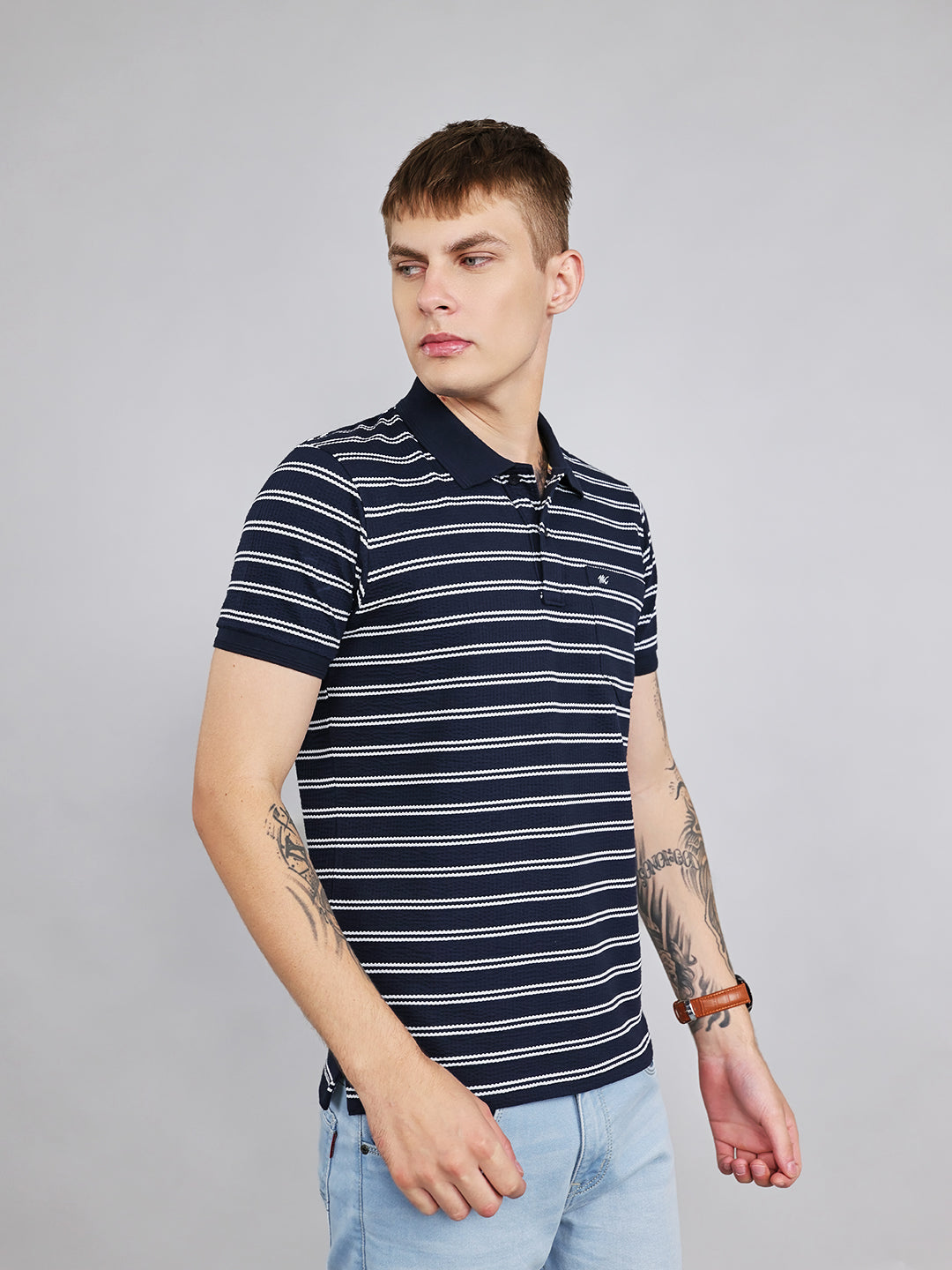 Men Navy Blue Stripe Collar Half Sleeve T-Shirt