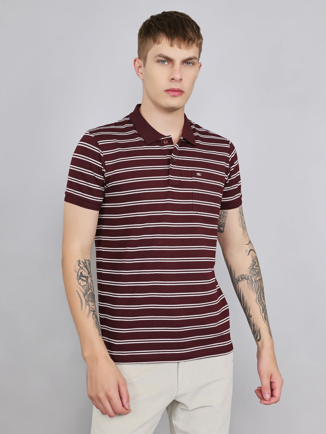 Men Maroon Stripe Collar Half Sleeve T-Shirt