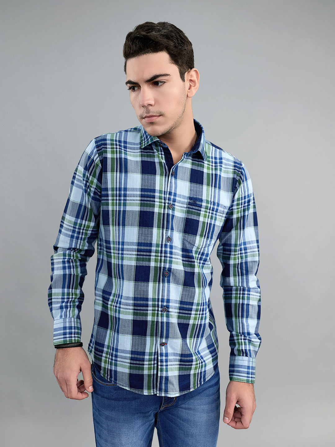 Men Blue Check Collar Full Sleeve Shirt