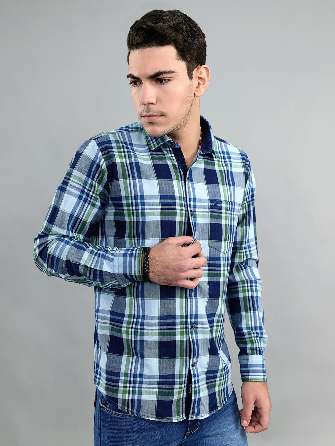 Men Blue Check Collar Full Sleeve Shirt