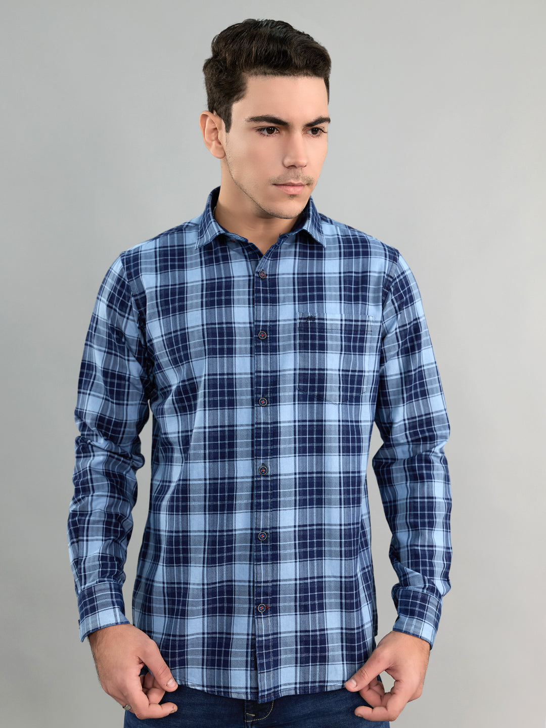 Men Navy Blue Check Collar Full Sleeve Shirt