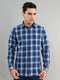 Men Navy Blue Check Collar Full Sleeve Shirt