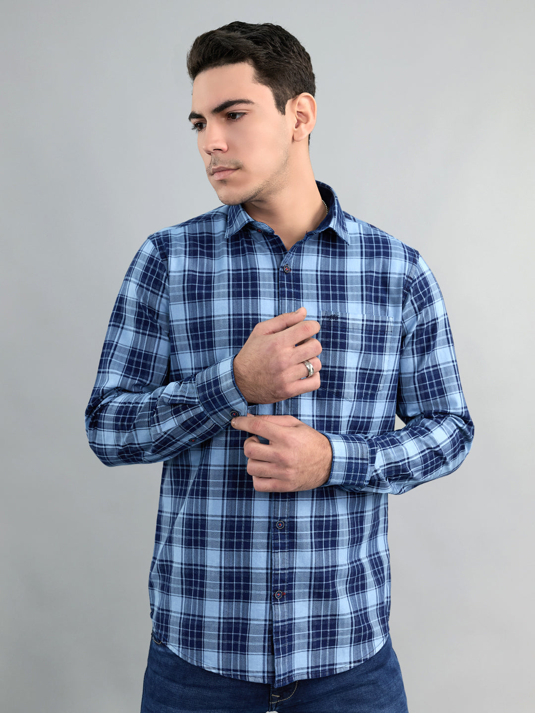 Men Navy Blue Check Collar Full Sleeve Shirt
