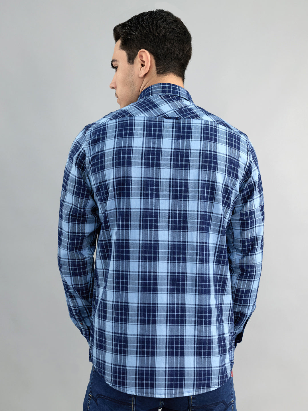 Men Navy Blue Check Collar Full Sleeve Shirt