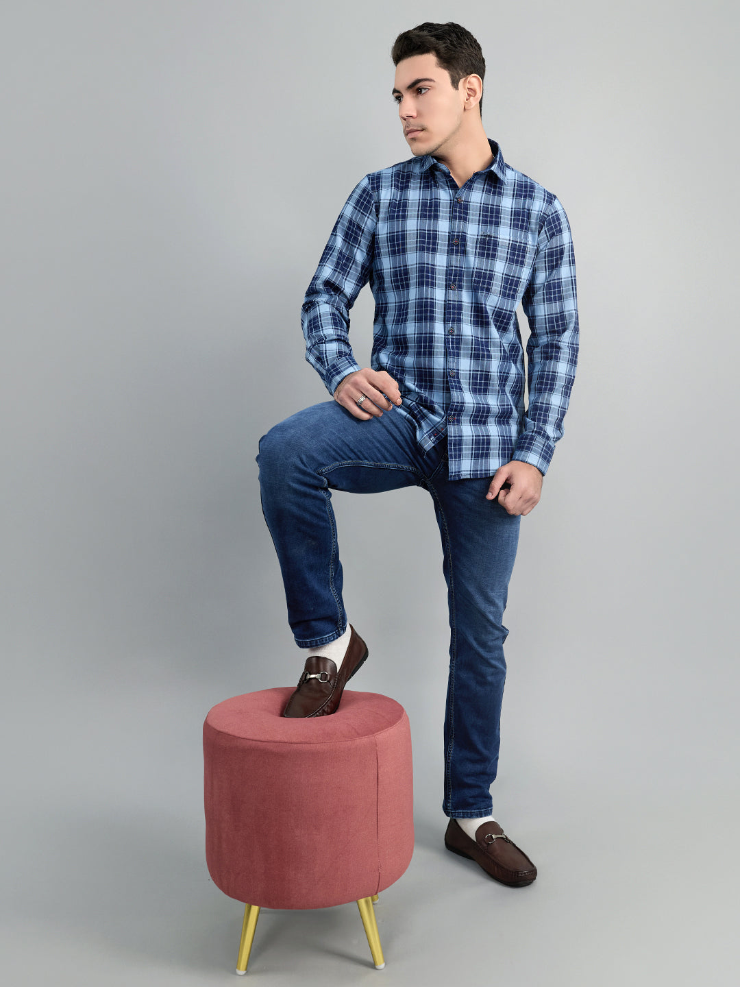 Men Navy Blue Check Collar Full Sleeve Shirt