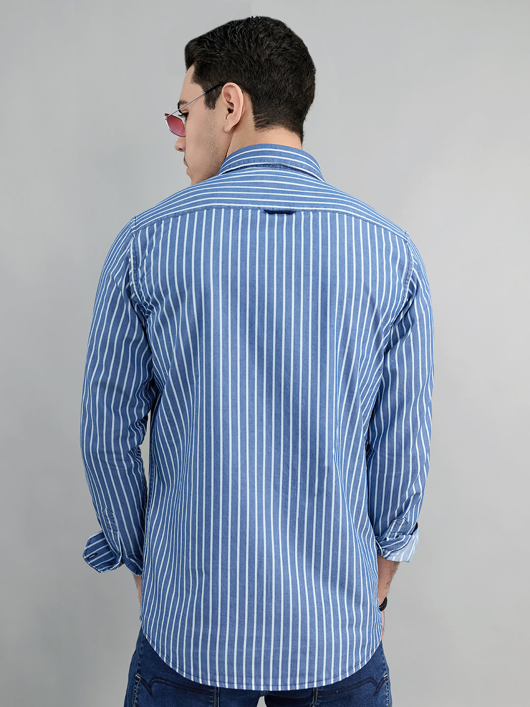 Men Blue Stripe Collar Full Sleeve Shirt