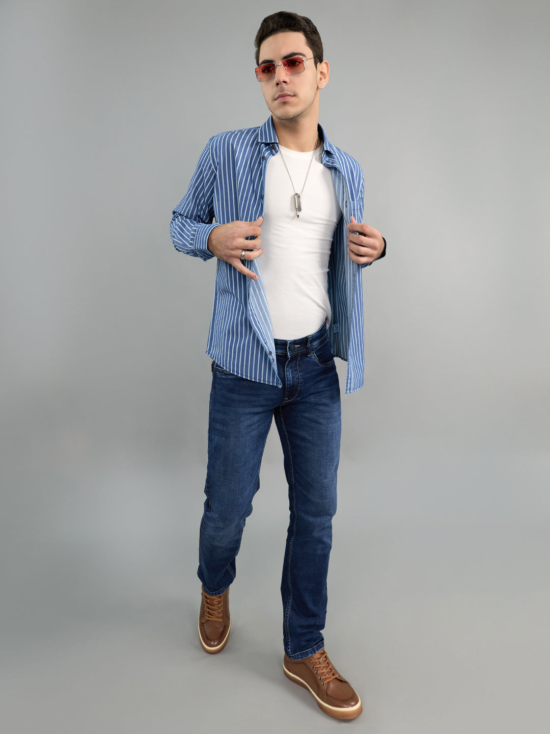 Men Blue Stripe Collar Full Sleeve Shirt