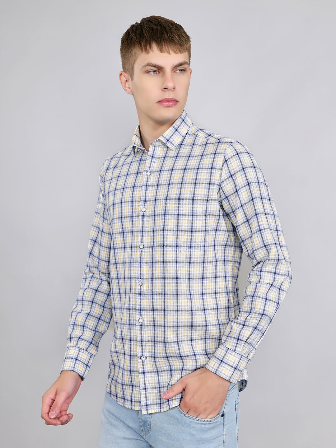 Men Blue Check Collar Full Sleeve Shirt