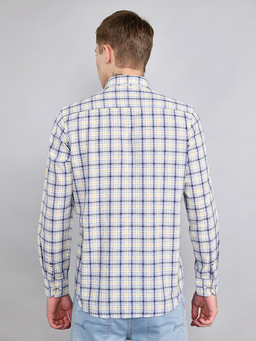 Men Blue Check Collar Full Sleeve Shirt