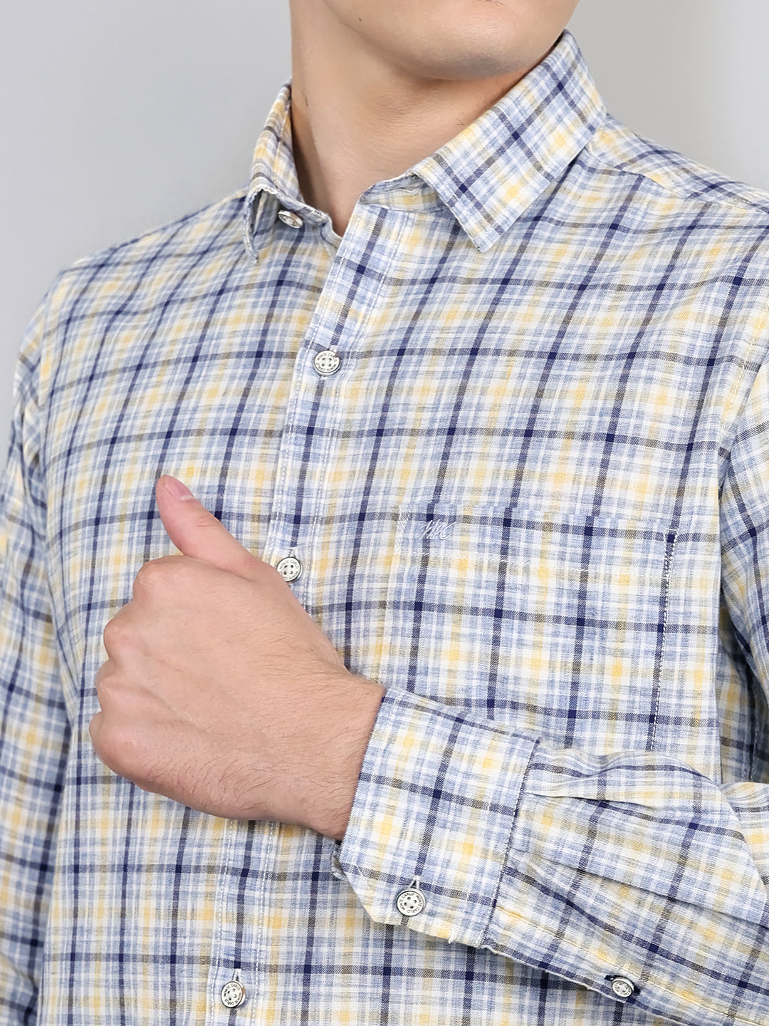 Men Blue Check Collar Full Sleeve Shirt