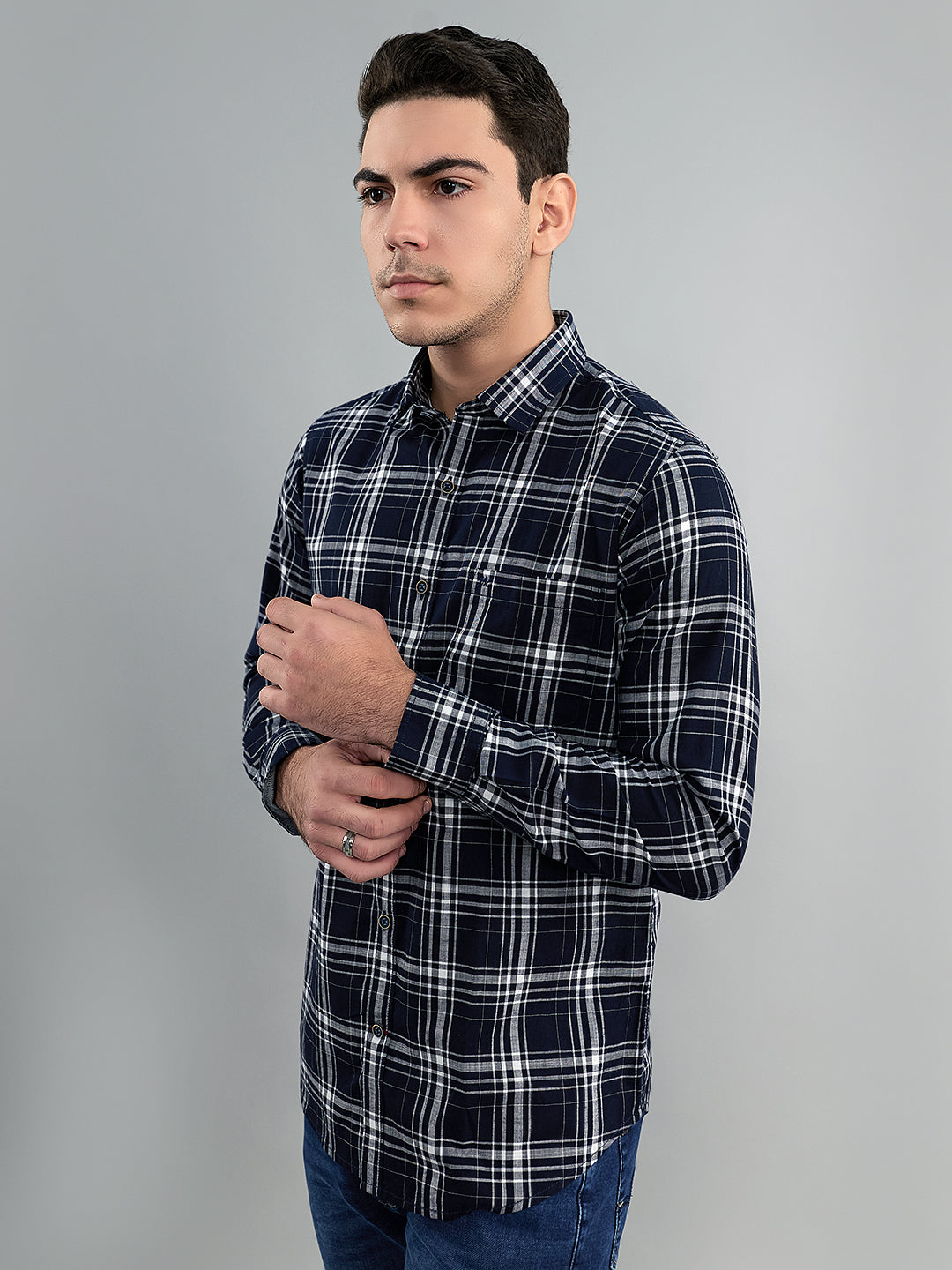 Men Navy Blue Check Collar Full Sleeve Shirt