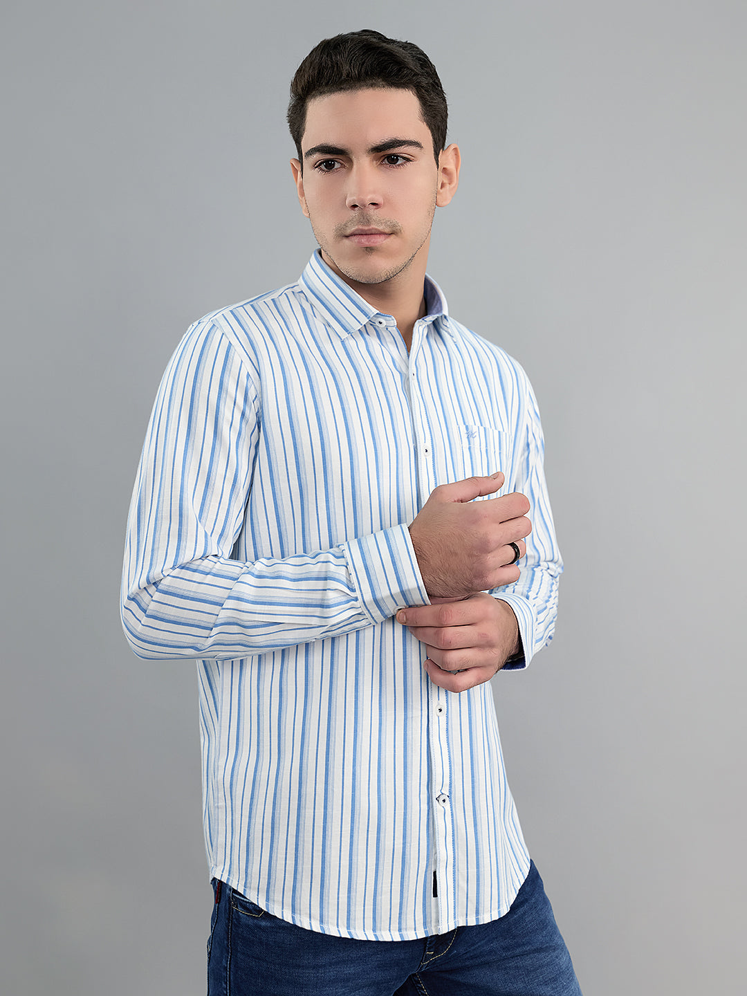 Men Blue Check Collar Full Sleeve Shirt
