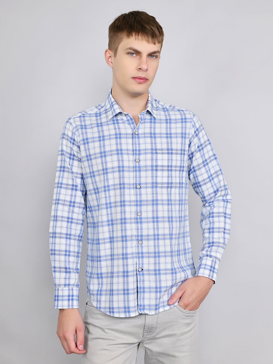 Men Sky Blue Check Collar Full Sleeve Shirt
