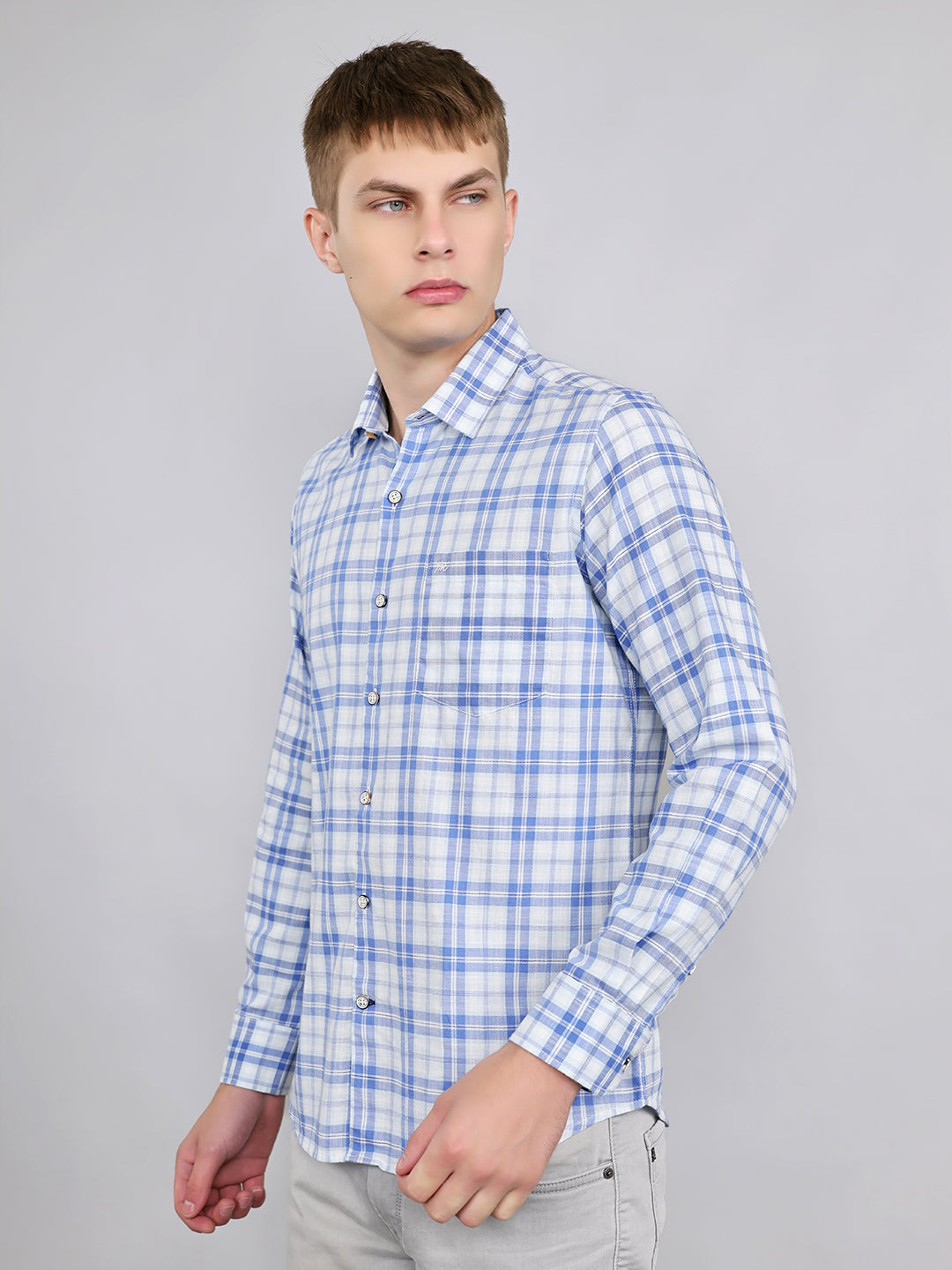 Men Sky Blue Check Collar Full Sleeve Shirt