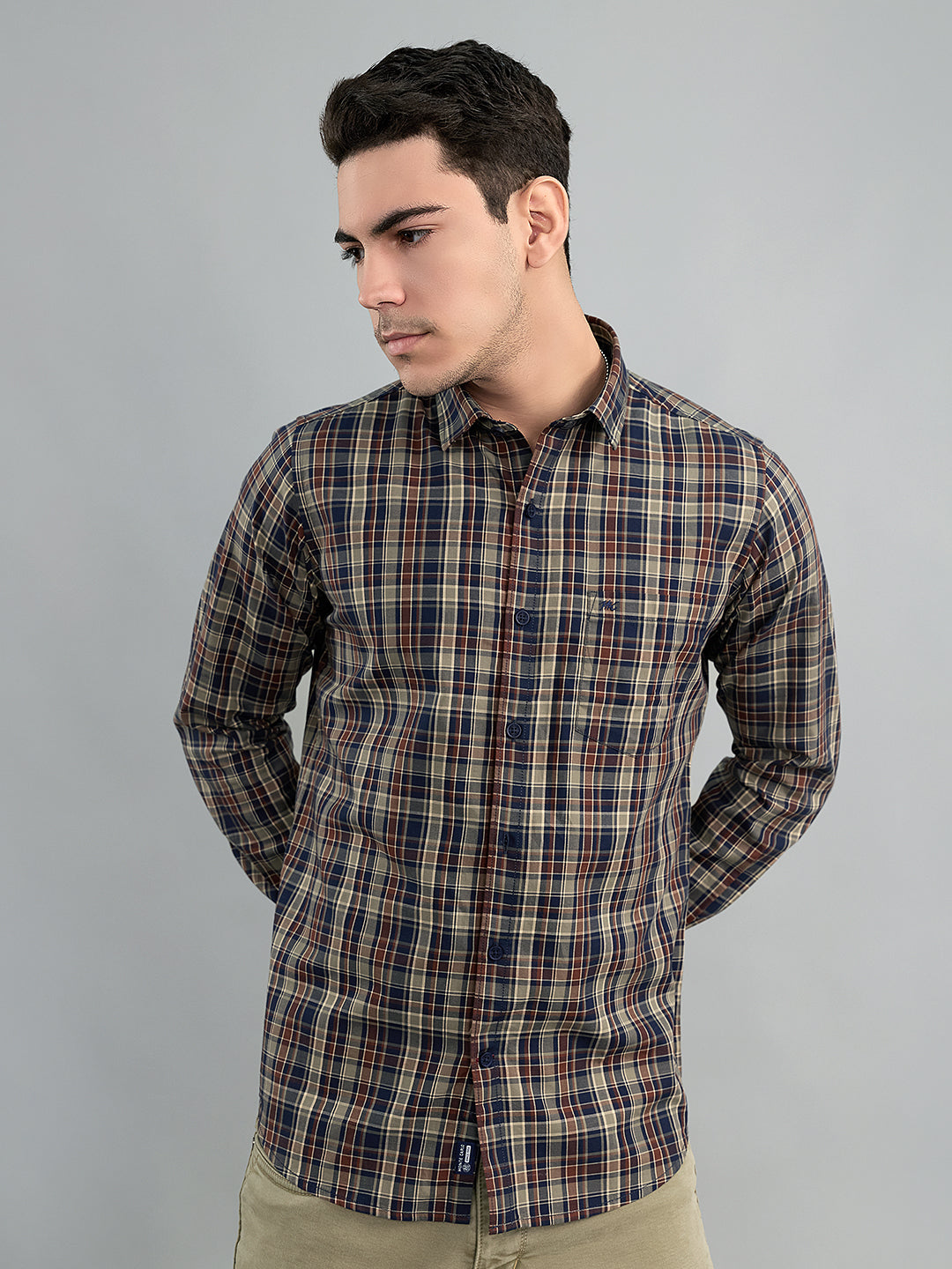 Men Brown Check Collar Full Sleeve Shirt