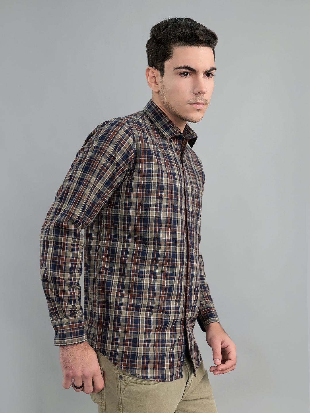 Men Brown Check Collar Full Sleeve Shirt