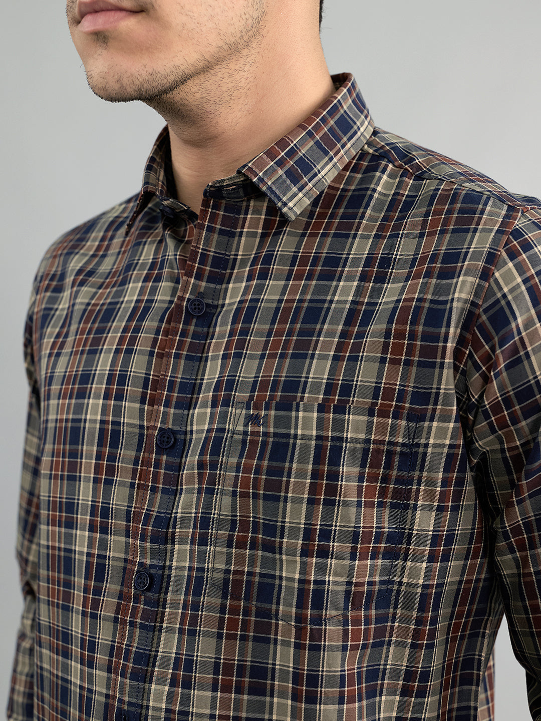 Men Brown Check Collar Full Sleeve Shirt