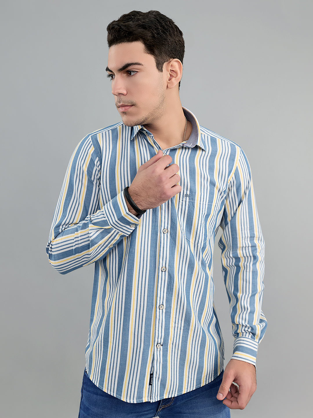Men Grey Stripe Collar Full Sleeve Shirt