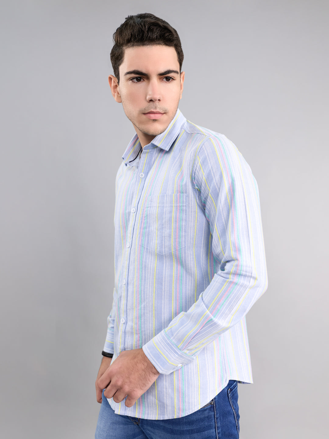 Men Sky Blue Stripe Collar Full Sleeve Shirt