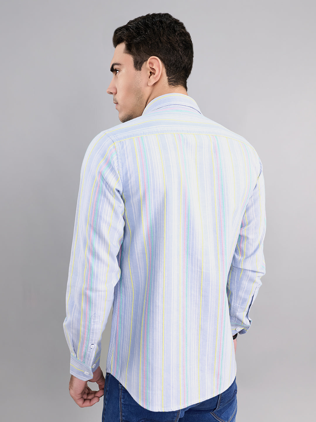 Men Sky Blue Stripe Collar Full Sleeve Shirt