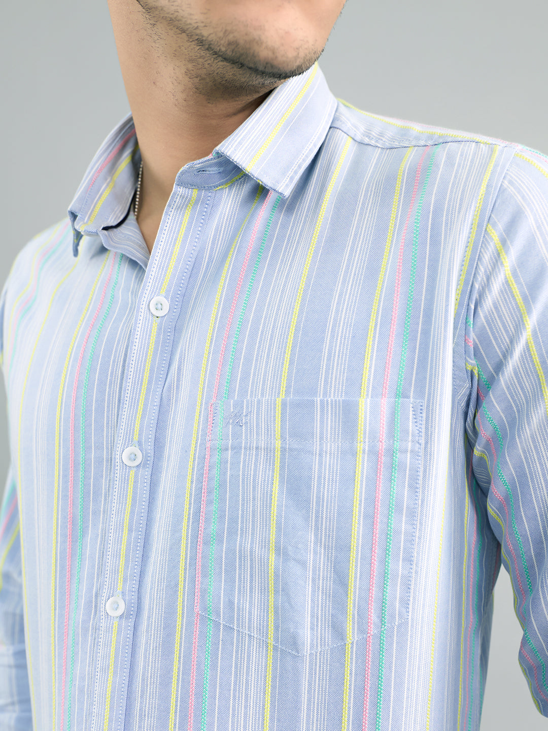 Men Sky Blue Stripe Collar Full Sleeve Shirt