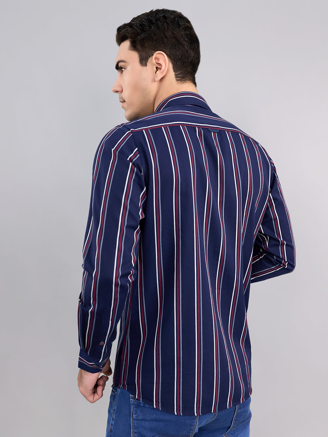 Men Navy Blue Stripe Collar Full Sleeve Shirt