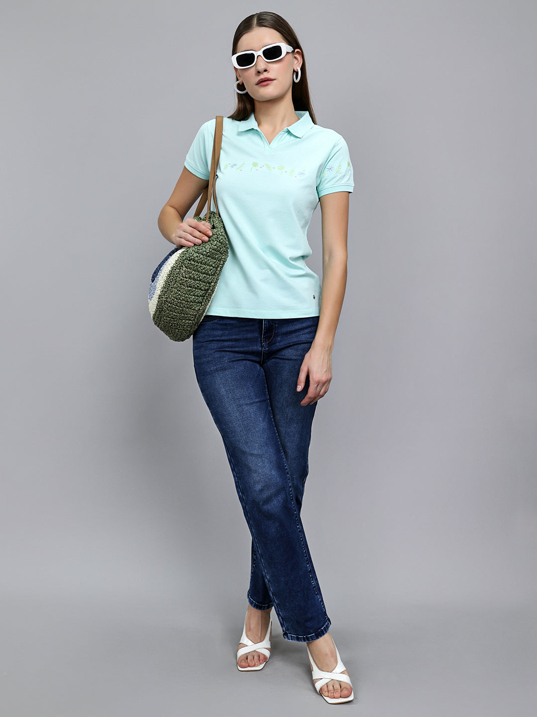 Women Sea Green Solid Collar Half Sleeve T-Shirt
