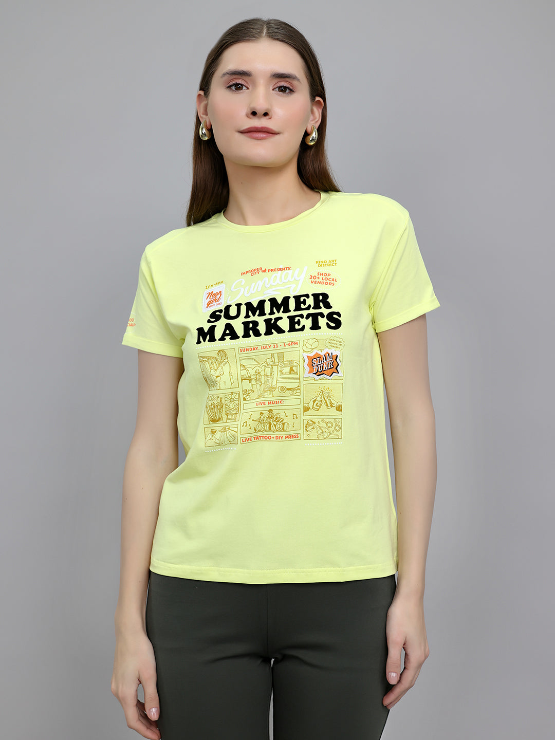 Women Yellow Printed Round Neck Half Sleeve Top